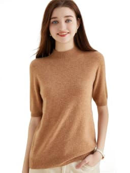 Wool Top Women's Sweater Knitwears Short Sleeve Pullover 100% Wool Half Turtleneck Sweater for Women Knit Jumper Female Clothing