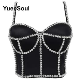 Black Y2K Tops White Rhinestone Sequins Tassel Slim Crop Top New Gothic Party Club Wedding High Street Sexy Corset Top Camis