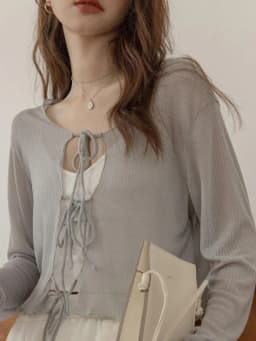 Gray Summer Women's Sun Protection Open Cardigan Lightweight See-through Wrap Shirt Belted Pocket Handkerchief Business Style
