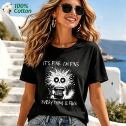 Women's It's Fine I'm Fine Everything Is Fine Cat Print T-Shirt 100% Cotton Funny Casual Short Sleeve Tee