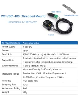 WitMotion WTVB01-485 Arduino Vibration Sensor,3axis IP68 Modbus Vibration Analyzer(Vibration Acceleration/Speed)for PLC & Python