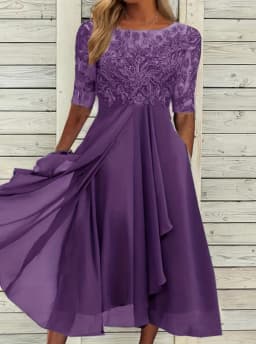 Womens Dresses Romantic Simple Dress With Chiffon Patchwork Lace Hollow Out Long Dress Bridesmaid Evening Dress Women's Wear