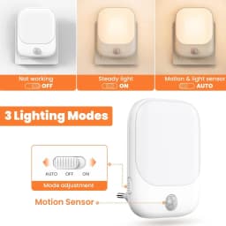 2pcs Night Light Socket with Motion Sensor, Night Light 3-Level Brightness Adjustment (On/Auto/Off), 2700K Warm White Night