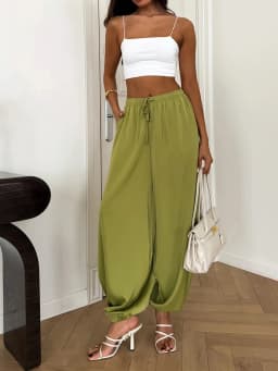 2026 Summer Women Harem Pants High Waist Drawstring Loose Wide Leg Trousers Green Casual Beach Vacation Outfit
