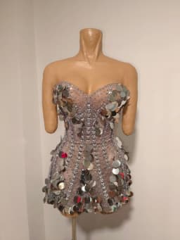Sparkly Gold Rhinestone Sequins Sexy Strapless Mesh See Through Mini Dress Women Eveing Birthday Party Nightclub Stage Costume