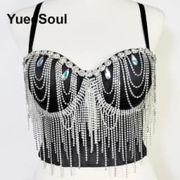 Black Y2K Tops White Rhinestone Sequins Tassel Slim Crop Top New Gothic Party Club Wedding High Street Sexy Corset Top Camis