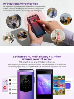 HAMTOD T8 Classic Fashion Clamshell Flip Feature Phone 4G VoLTE Dual HD Screen 2.8" Main IPS Display + 1.77" Outer Screen Big Font Big Icons One Touch SOS Emergency Call 1500mAh Large Battery Easy Simple Operation Unbreakable Basic Mobile Cell Phone For S