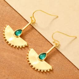 Bohemian Retro Style Water Drop Artificial Gem Hammered Fan Shaped Women Dangle Earrings Suitable For Vacation And Party
