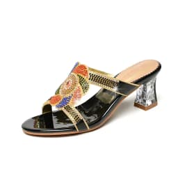 Summer New Comfort Non-slip High Heel Genuine Leather Crystal Inlaid Diamond Women's Beach Fashion Versatile Bohemian Shoes