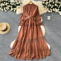 Chic Lace Slim Stand Collar Long Sleeve Spliced Single Breasted Dress High Street Vintage Evening Women Autumn Winter Clothing