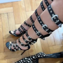 Onlymaker Women Round Toe Hollow Buckle Starp Thigh Stiletto Sandals Ankle Strap Zipper Gladiator Buckle Sandals