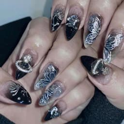 24pcs Baroque Style False Nails with Gold Moon Star Design Almond Fake Nail Patches Wearable Heavy Metal French Press on Nails