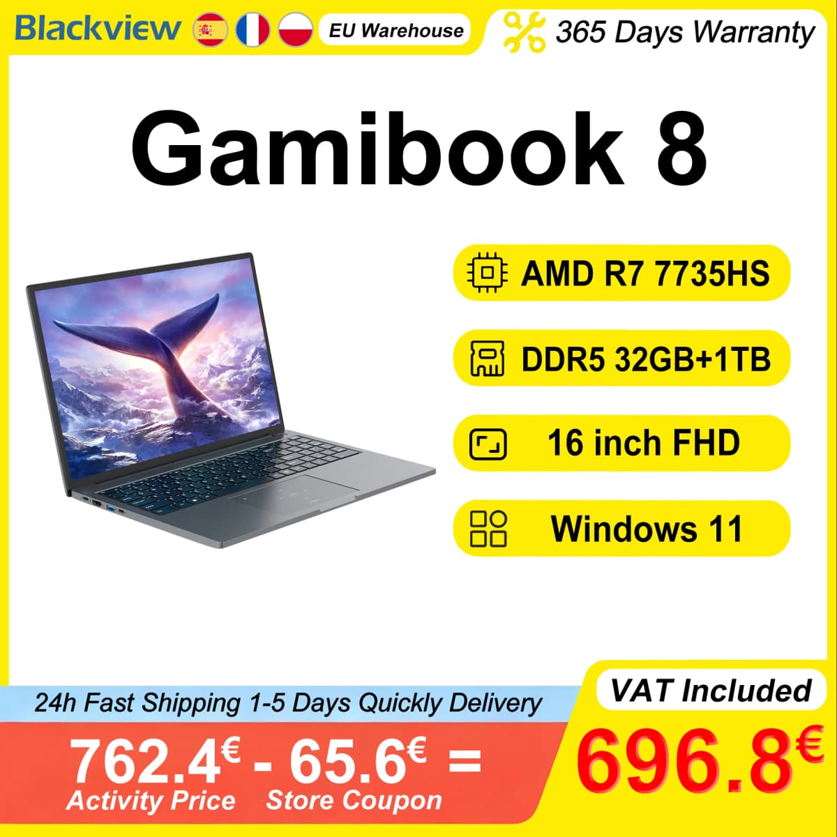 Blackview GamiBook 8 Laptop 16 Inch AMD R7 7735HS DDR5 16GB/32GB RAM 512GB/1TB ROM Windows 11 Pro BT5.2 Wifi6