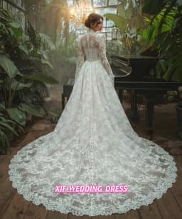 Customized High Collar Long Sleeve A-Line Lace Vintage Wedding Dress Vestidos De Novia