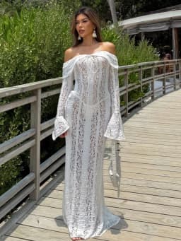 2026 New Women Sexy Lace Patchwork White Maxi Dress Flared Sleeve Off Shoulder Bodycon Gowns Lady Evening Night Party Robes