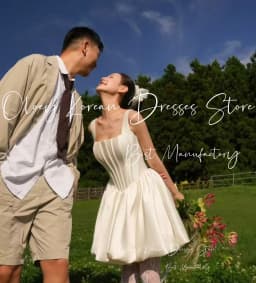 OLOEY Simple Ivory Wedding Party Dress Korea Square Collar Draped A-Line Satin Photo Shoot Short Bridal Gown Custom 웨딩드레스
