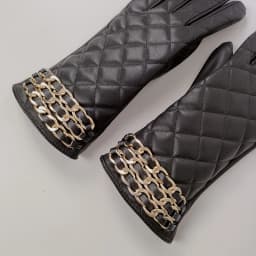 Women Black Chain Thickened Plush Inside Grid PU Artificial Leather Glove Sexy Female Nightclub Dance Punk Performance Mitten