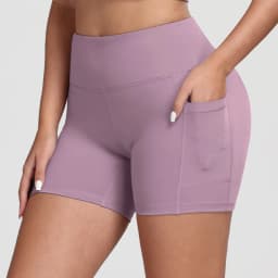 CHRLEISURE Women Solid Yoga Shorts with 3 Pockets High Waist Butt Lifting Workout Tights Gym Elastic Cycling Shorts Activewear
