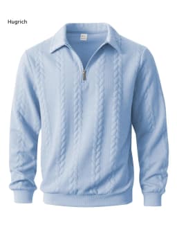 Mens Lapel Half Zip Sweatshirt Long Sleeve Cable Textured Pullover Relaxed Fit Tops For Daily Casual Autumn And Winter Dressing