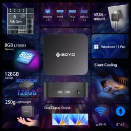 SOYO Mini PC Y5 AIR Intel Core i5 4th Gen 8GB RAM 128GB SSD Windows 11 Pro Mini Desktop Computer WiFi BT4.2 Dual HDMI Display USB-C Port Home Office Small Computer Business Mini PC Low Power Micro PC Portable Compact Desktop Mini Computer For Office Study