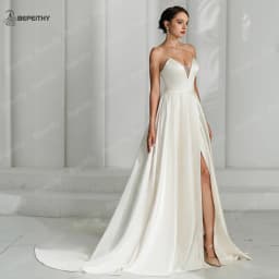 BEPEITHY Customized Ivory Satin A Line Wedding Dress Women 2026 Sweetheart Sexy High Slit Sweep Train Bride Boho Bridal Gown