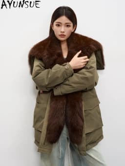 AYUNSUE 90% White Goose Down Coat Womens Winter Clothes Oversized Fox Fur Collar Mid Length Parka Female Loose Fit Clothing 2026