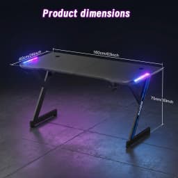 Gaming Desk with RGB LED Lights, Carbon Fiber Surface Gaming Table, Y‑Shaped Game Computer Desk with Cup Holder & Headphone Hook, Adjustable Leveling Feet for Home Office Gaming Room