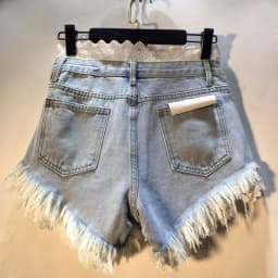 2026 Summer New Splicing Hook Lace High Waist Burr Denim Shorts Hot Pants Women