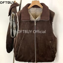 OFTBUY Knit Collar Zip Up Two Sides Wear Fur Waist Coat Women Reversible Real Rabbit Fur Vest New Winter Fur Clothing Female