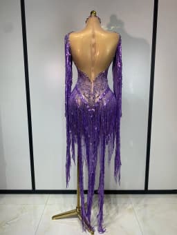Women Sparkly Diamond Purple Tassel Long Sleeves Mesh See Through Dress Latin Dance Outfits Bar Nightclub Party Club Stage Wear