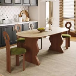 French Mid Century Oval Travertine Stone Dining Table, Solid Wood Base Small Household Dining Table Set for Living Room