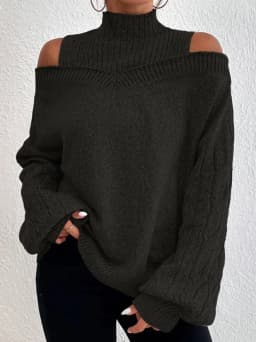 2023 Autumn Winter New Off Shoulder High Neck Long Sleeve European and American Sweater Loose Knit Cardigan
