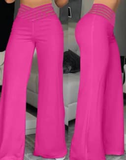 Women Wide Leg Flared Pants 2024 Spring Casual Crisscross Sheer Mesh Patch High Waist Trousers Y2k Streetwear Elegant Work Pant