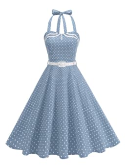 Tonval Halter Neck Polka Dot 1950s Fit and Flare Dresses Women Holiday Vintage Party Prom Shirred Back Belted Backless Dress
