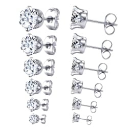 LUXUSTEEL 6Pairs/Set CZ Stud Earrings Stainless Steel Round White Cubic Zirconia Hypoallergenic 6 Claws Earring Trendy Jewelry