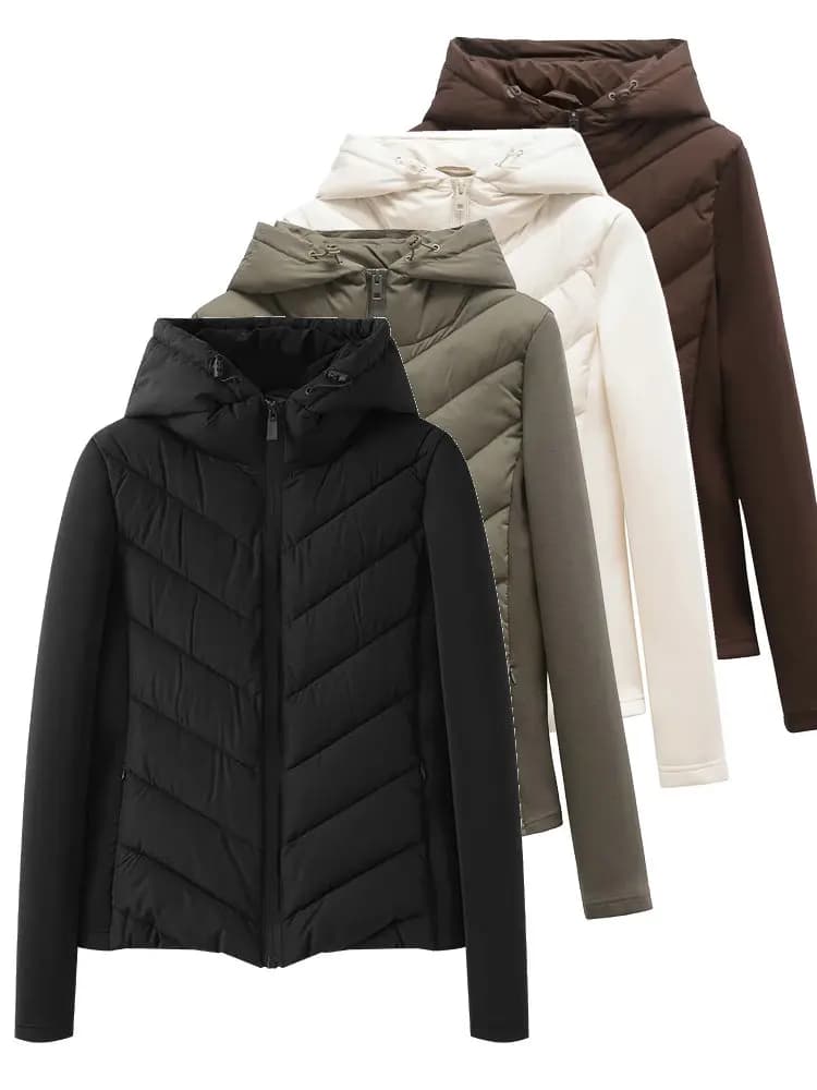 2026 Autumn Winter Women's Elegant Patchwork Hooded Cotton Padded Jackets Lady Vintage Quilted Zipper Slim Sports Parka Coats