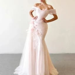 MisShow Customized Pink Off-The-Shoulder Mermaid Wedding Dress Flowers Tulle Sleeveless Wedding Party Dress Evening Dresses