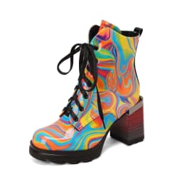 Plus Size Super High Wood Grain Thick Heel Gradient Print Shoes Love Decal Boots Multicolored Lace Up Women's Ankle Boots