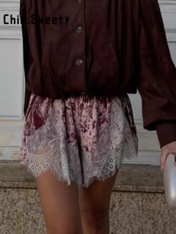 Chic Women's Velvet Lace Patchwork Shorts Loose Hollow Out Elastic Waist Female Short Pant 2026 Summer Lady All-match Pants New