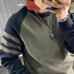 New Men's Long Sleeved Round Neck Pullover Casual Base Sweater with Vertical Stripe Splicing Contrasting Color Sweatshirt XJ170