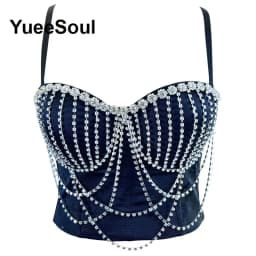 Black Y2K Tops White Rhinestone Sequins Tassel Slim Crop Top New Gothic Party Club Wedding High Street Sexy Corset Top Camis