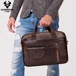 HUMERPAUL Men's Briefcase Bag Top Layer Leather Handcrafted Laptop Bag with Multiple Compartments Business Shoulder Messenger