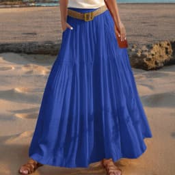 2026 Belted Hem A-line Solid Color Elastic Waist Skirt Women's Summer New Beach Vacation Commuting Camping All-match Long Skirt