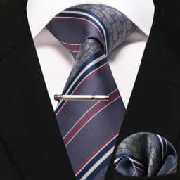 JEMYGINS Business Tie for Men Silk Navy Blue Tie Striped Paisley Necktie Handkerchief Tie Clips Set for Wedding Party Gift