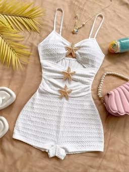 Solid color one-piece swimsuit, feminine, tight-fitting, hollowed-out, metallic five-pointed star.