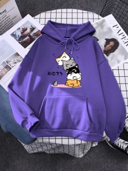 Cute Stacked Cats Sleeping Don'T See The Mouse Women Hoodies Fashion Loose Pullover Casual Fleece Hoody Trend Soft Female Sweat