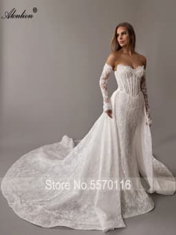 Alonlivn Customize Made Beauty Lace Fitted Beaded 2 In 1 Mermaid Wedding Gowns Trumpet Removable Train Bridal Gowns