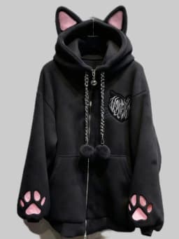 Fleece Lined Autumn Winter Ear Hooded Claw Long Sleeve Jacket Cute Home Black Punk Rock Style Women's Sweatshirt