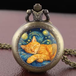 Sleep Cat Watch Black Quartz Pocket Watch Van Gogh's Art Vintage Accessory Women Necklace Pendant Clock Men Gifts for Cat Lover