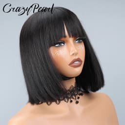 CrazyPearl 1X13 Lace Front Wig Straight Short Bob Wig Human Hair Wigs for Black Women with Bangs Human Hair Natural Color